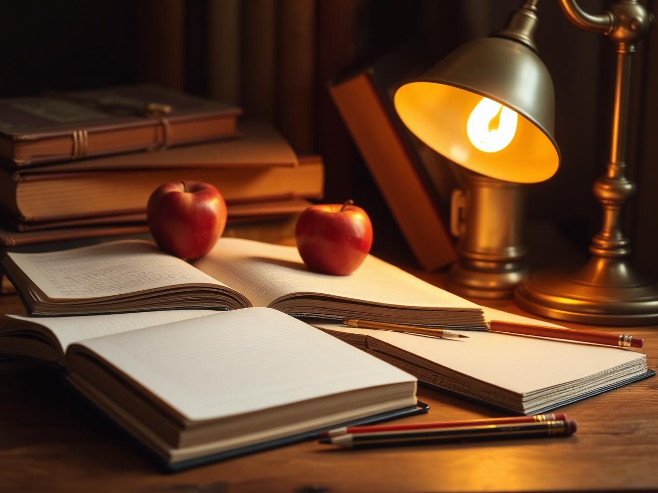 Open notebooks, books and a desk lamp